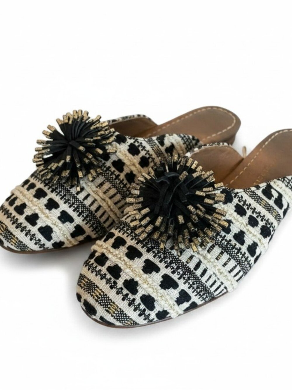 Anthropologie Dreamy Textured Black Cream Gold Tweed Mules Slides w Pom Poms 7